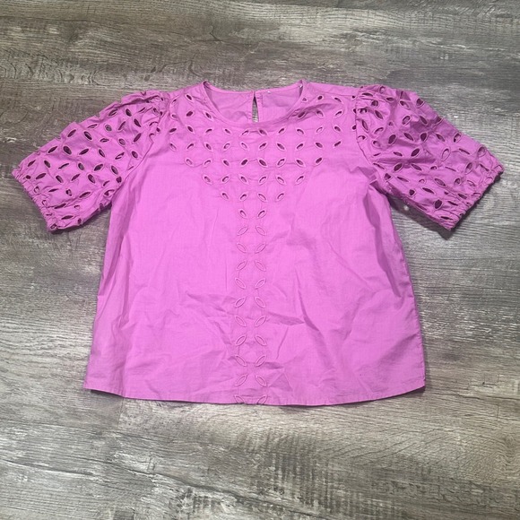 LOFT Tops - Loft Pink Eyelet Puff Sleeve Cotton Top Womens Small XS Short Sleeve Crew Neck